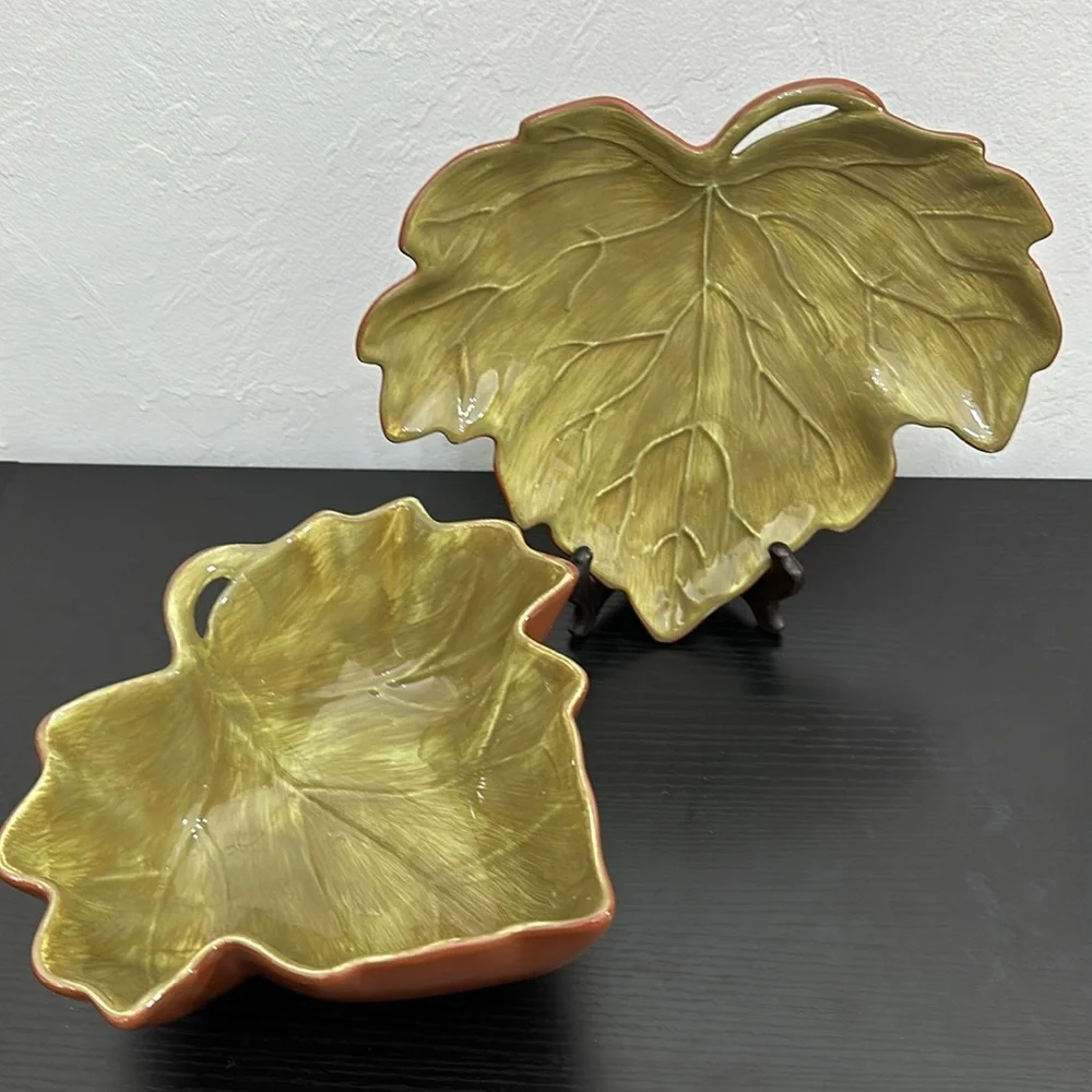 Autumn Harvest Hand Painted Ceramic Green Leaf Plate & Bowl Dish Set - 2 Pcs